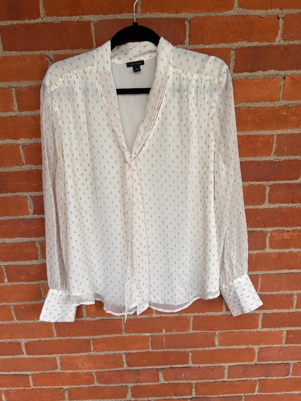 Ann Taylor Ivory Gold Foil Dot Blouse V-Neck Tie Front XL WI24 Never Worn